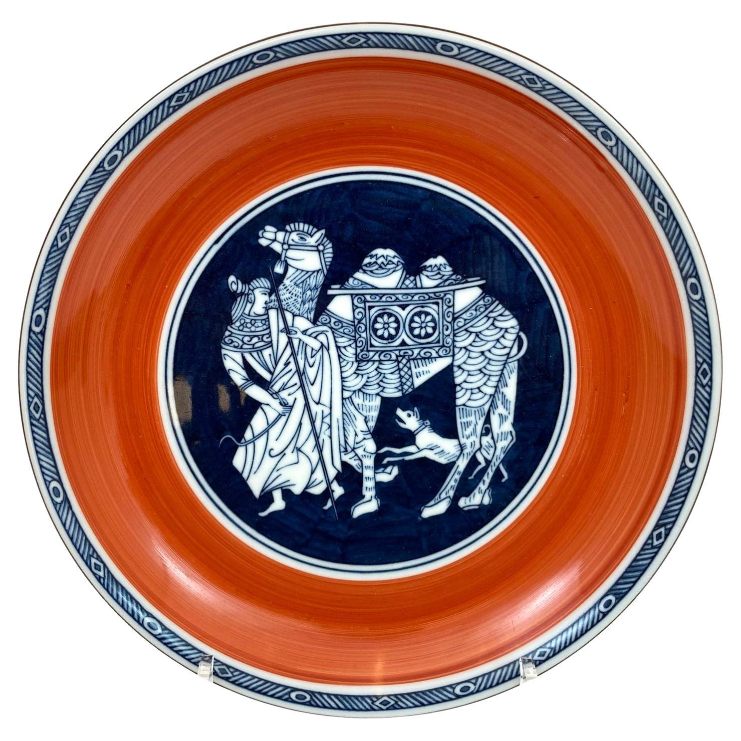Grande porcelaine japonaise peinte à la main orange et bleu en vente