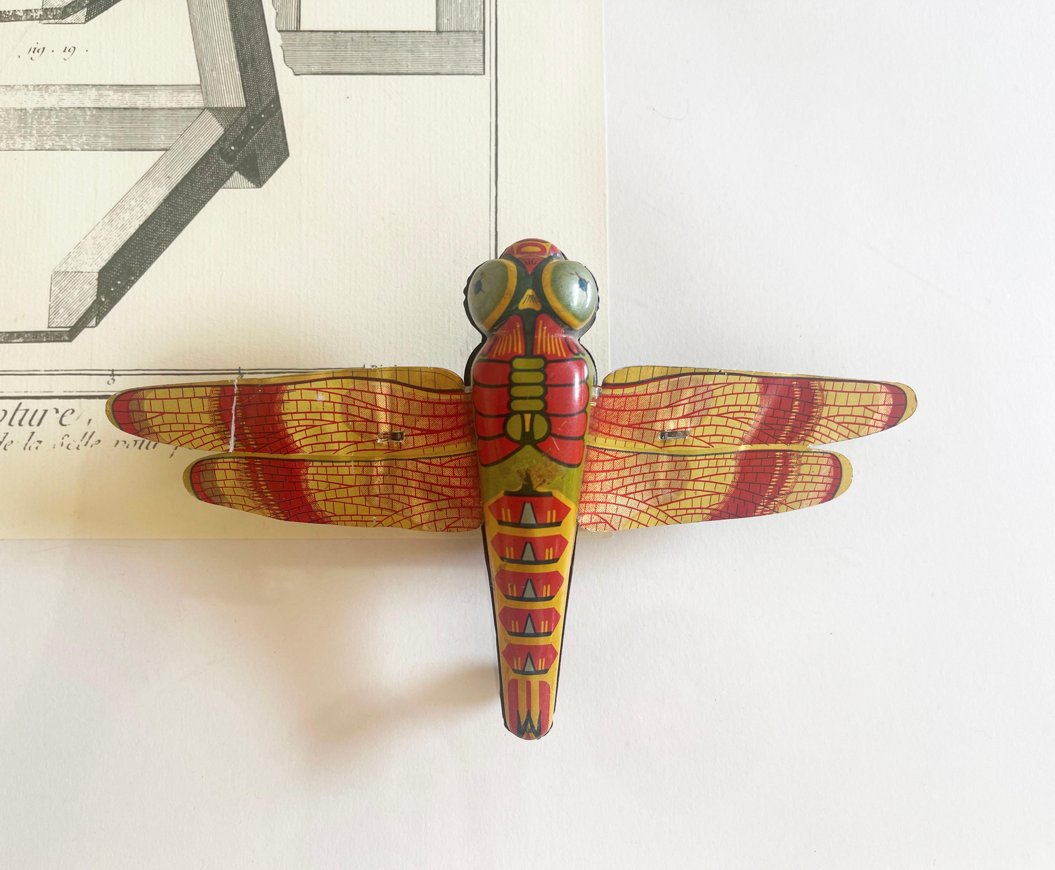 Mid-Century Modern Vintage Japanese Litho Wind-up Tin Toy Dragonfly 1940's to 1950's, Japan