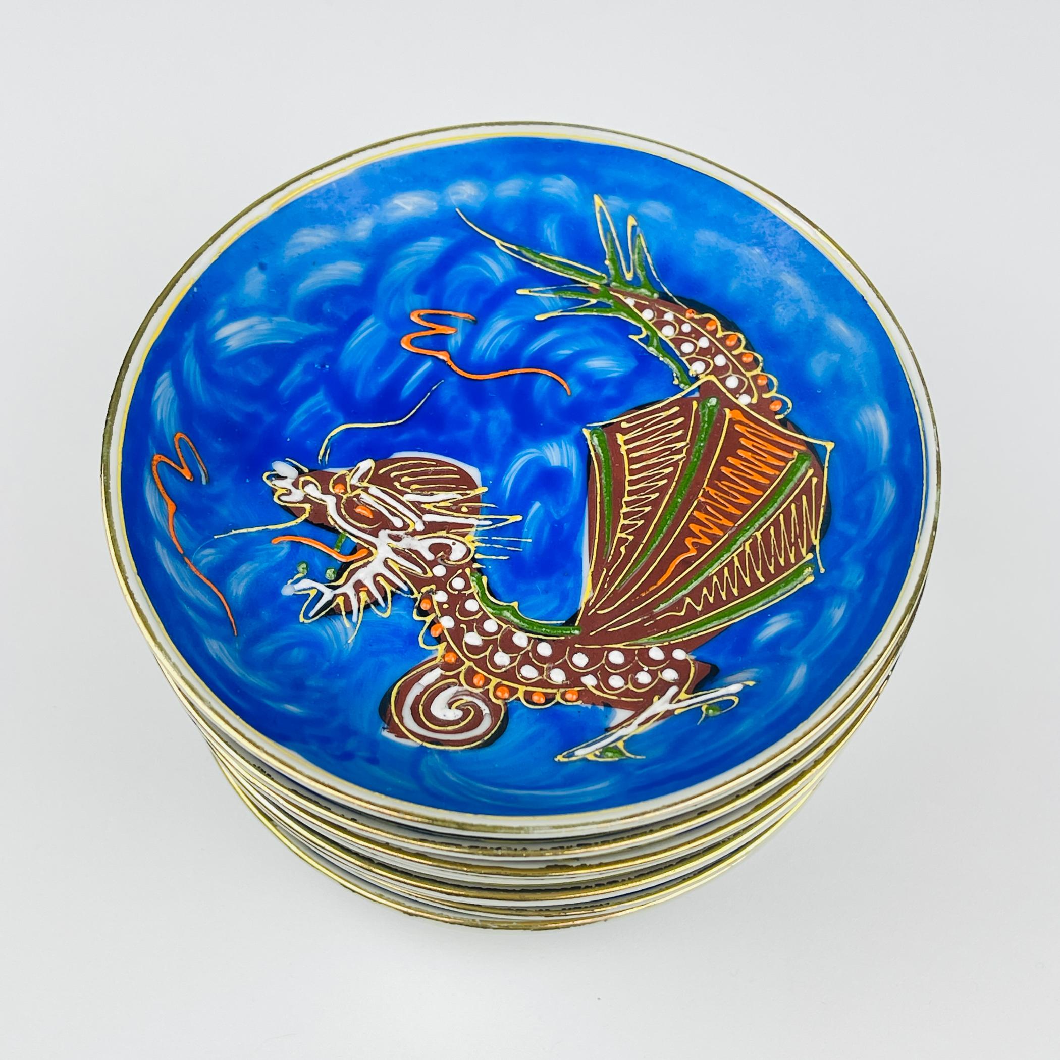 Juego de café de porcelana japonesa litófana Geisha Dragón Azul, años 50 en venta 8