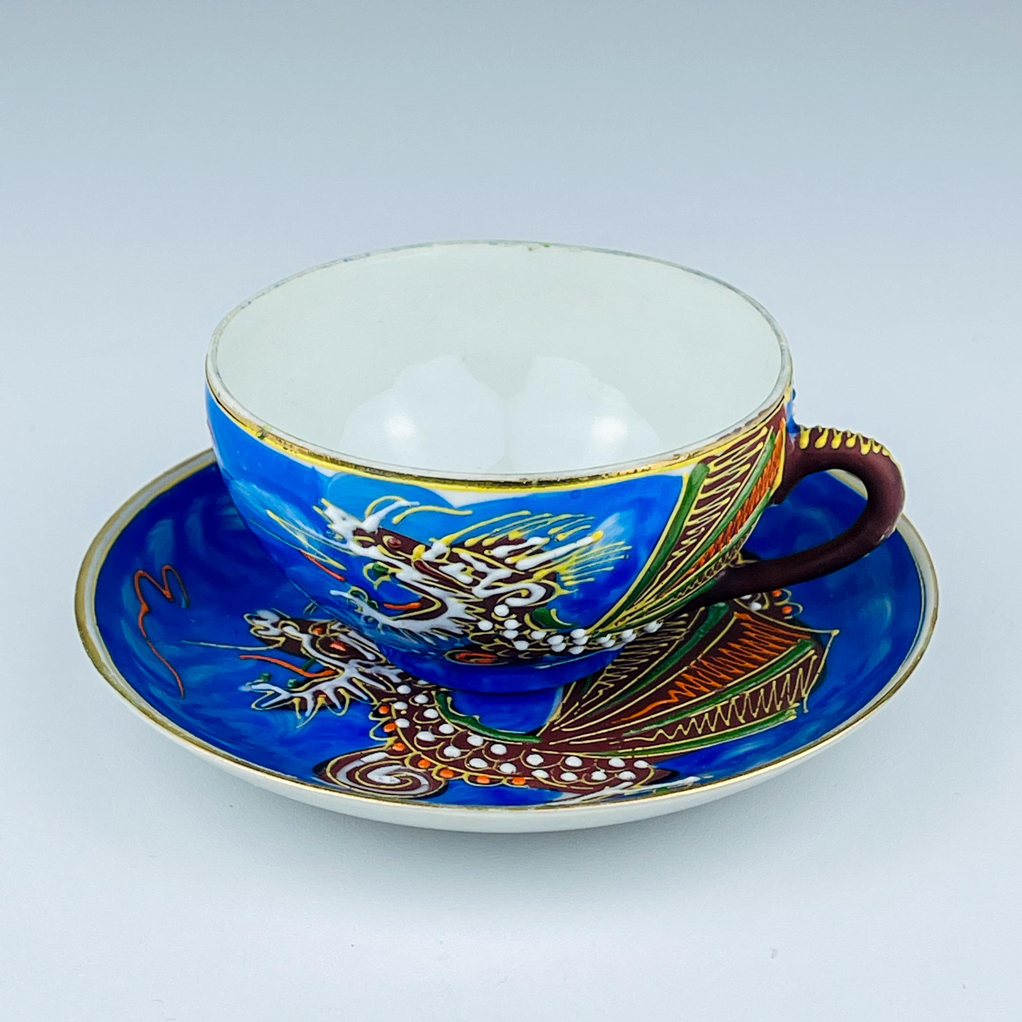Juego de café de porcelana japonesa litófana Geisha Dragón Azul, años 50 Japonés en venta
