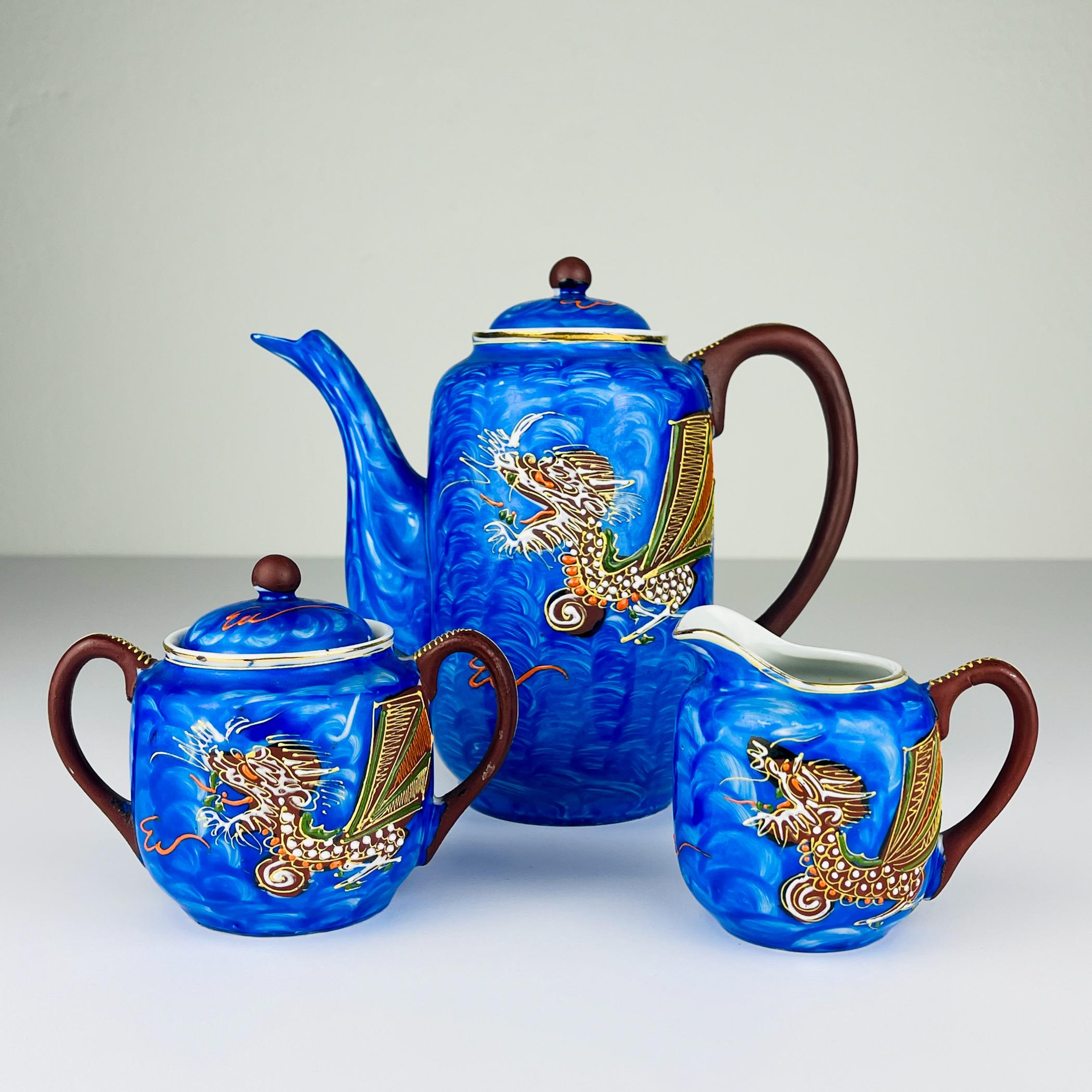 Juego de café de porcelana japonesa litófana Geisha Dragón Azul, años 50 en venta 1