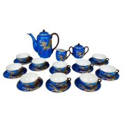 Set da caffè in litofane giapponese d'epoca in porcellana Geisha Blue Dragon, anni '50