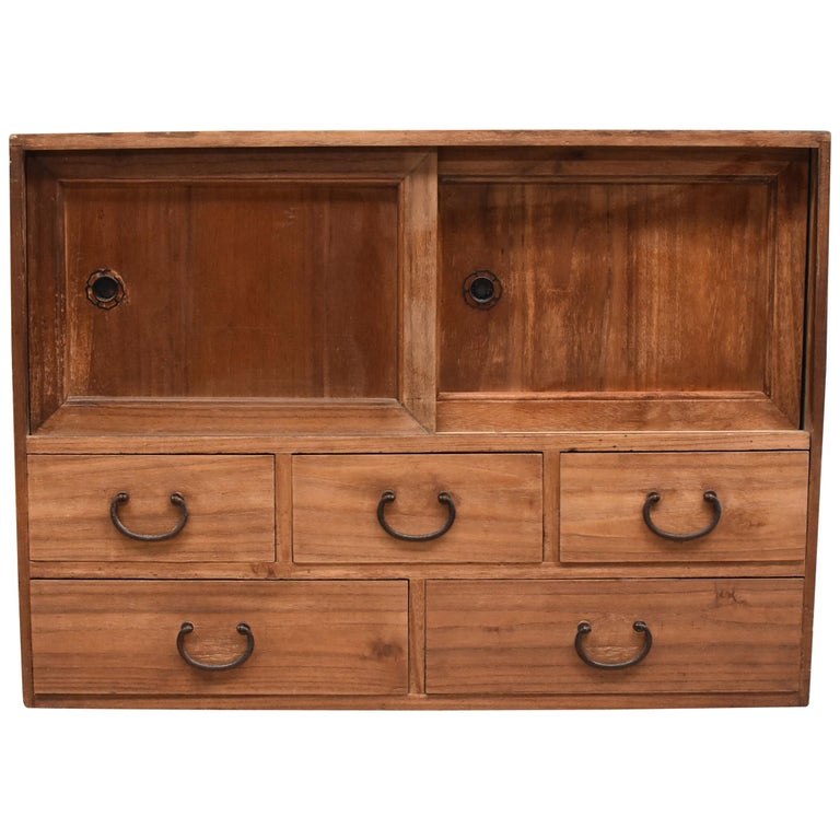 Vintage Japanese Low Tansu Chest Five Drawers Sliding Doors At