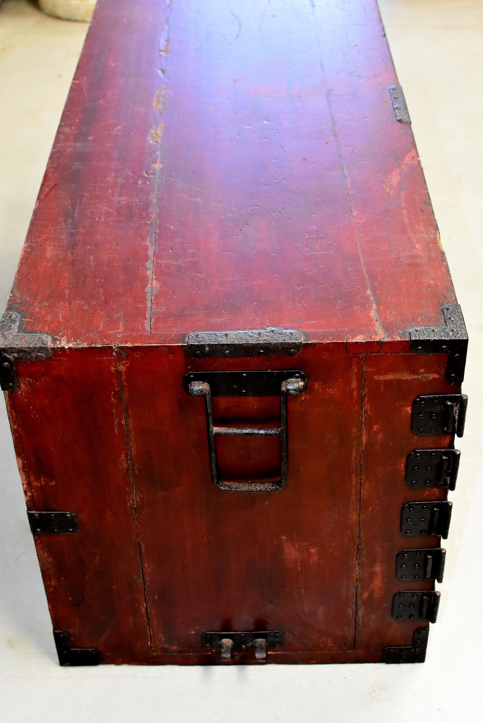 Vintage Japanese Low Tansu Chest with Iron Hardware 2