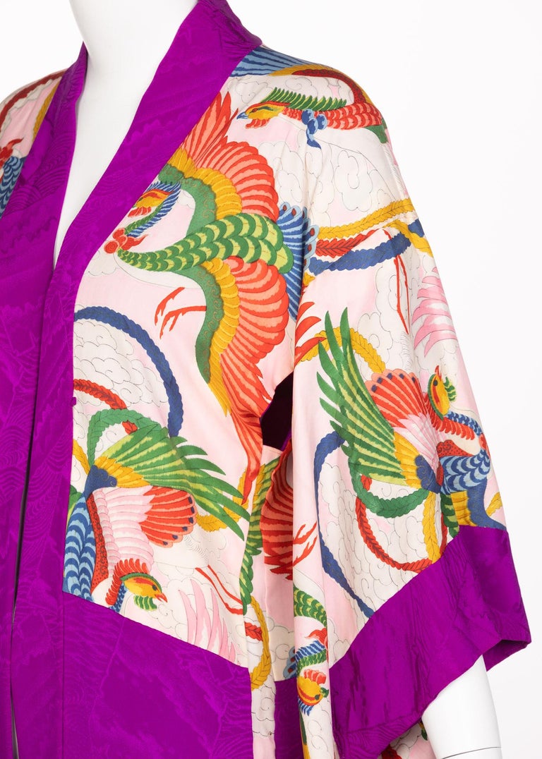 Vintage Japanese Magenta Silk Print Kimono Jacket For Sale 5