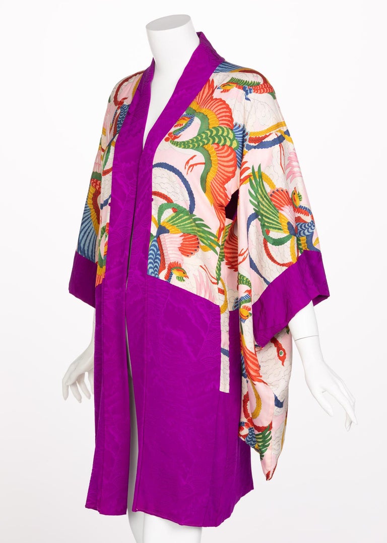 Purple Vintage Japanese Magenta Silk Print Kimono Jacket For Sale