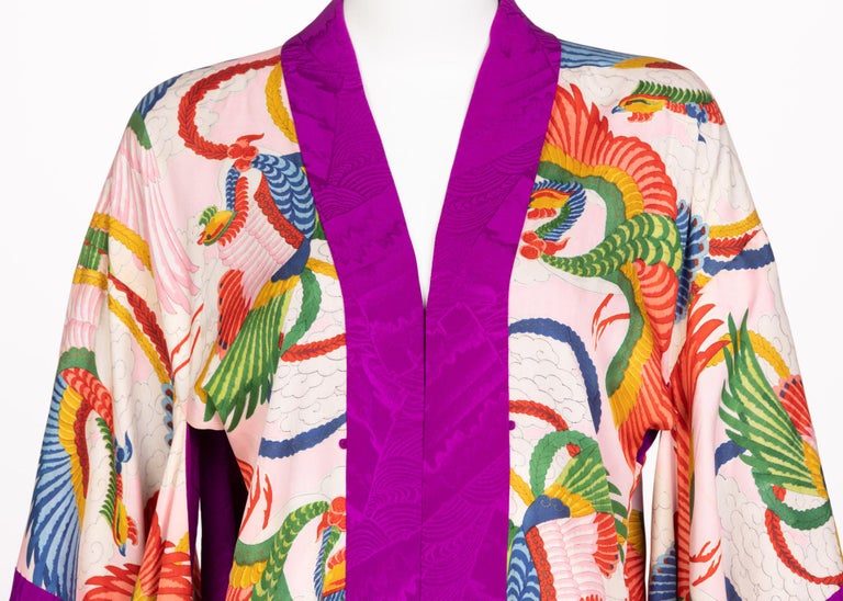 Vintage Japanese Magenta Silk Print Kimono Jacket For Sale 4