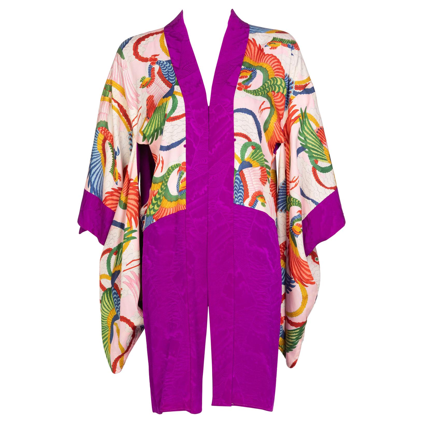 Giacca kimono vintage giapponese in seta stampata color magenta