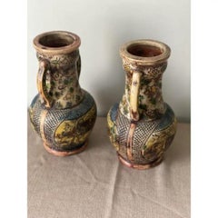 Vintage Japanese Majolica Persian Style Pottery Double Handled Vases- Set of 2