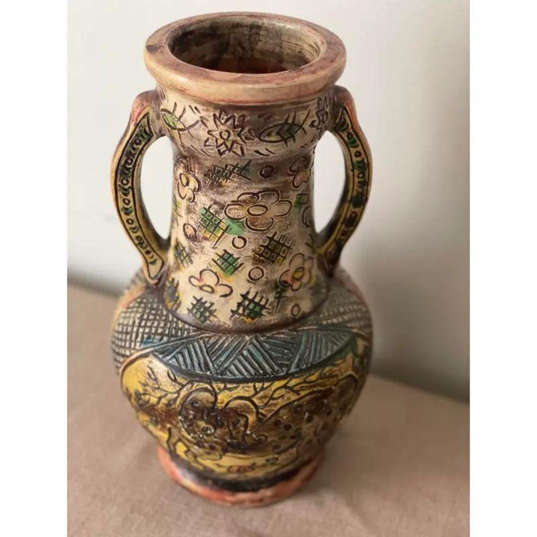 20th Century Vintage Japanese Majolica Persian Style Pottery Double Handled Vases- Set of 2 For Sale
