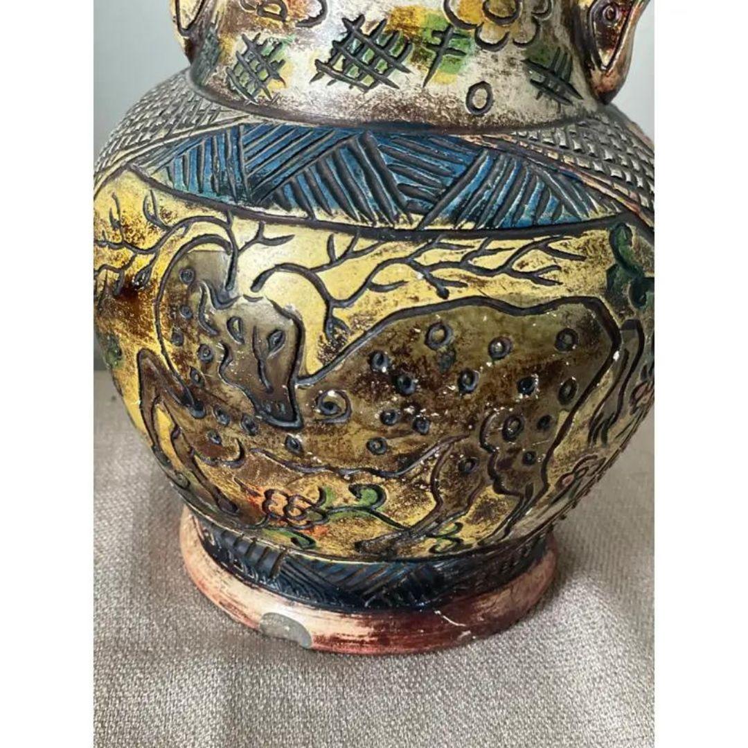 Vintage Japanese Majolica Persian Style Pottery Double Handled Vases- Set of 2 For Sale 2