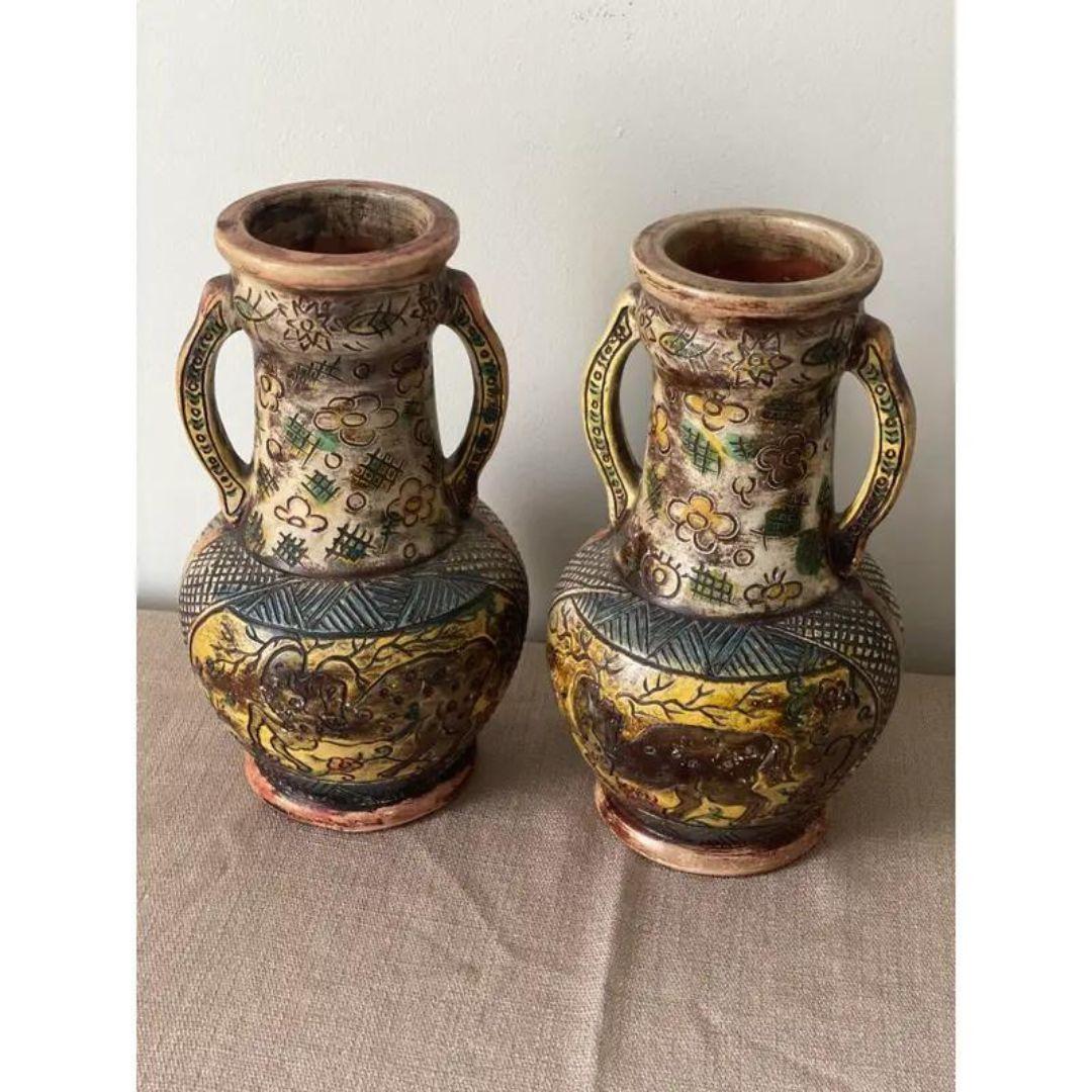 Vintage Japanese Majolica Persian Style Pottery Double Handled Vases- Set of 2 For Sale 5