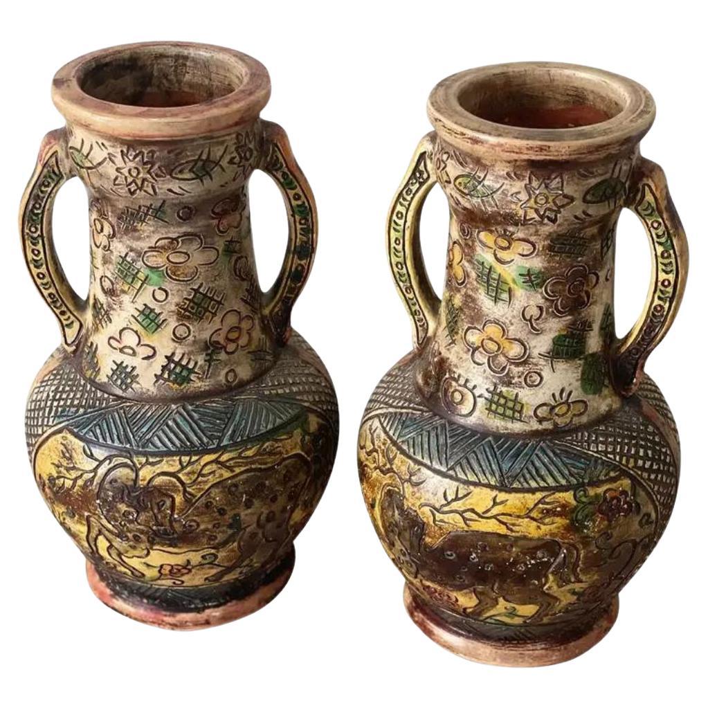 Vintage Japanese Majolica Persian Style Pottery Double Handled Vases- Set of 2 For Sale