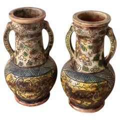 Antique Japanese Majolica Persian Style Pottery Double Handled Vases- Set of 2