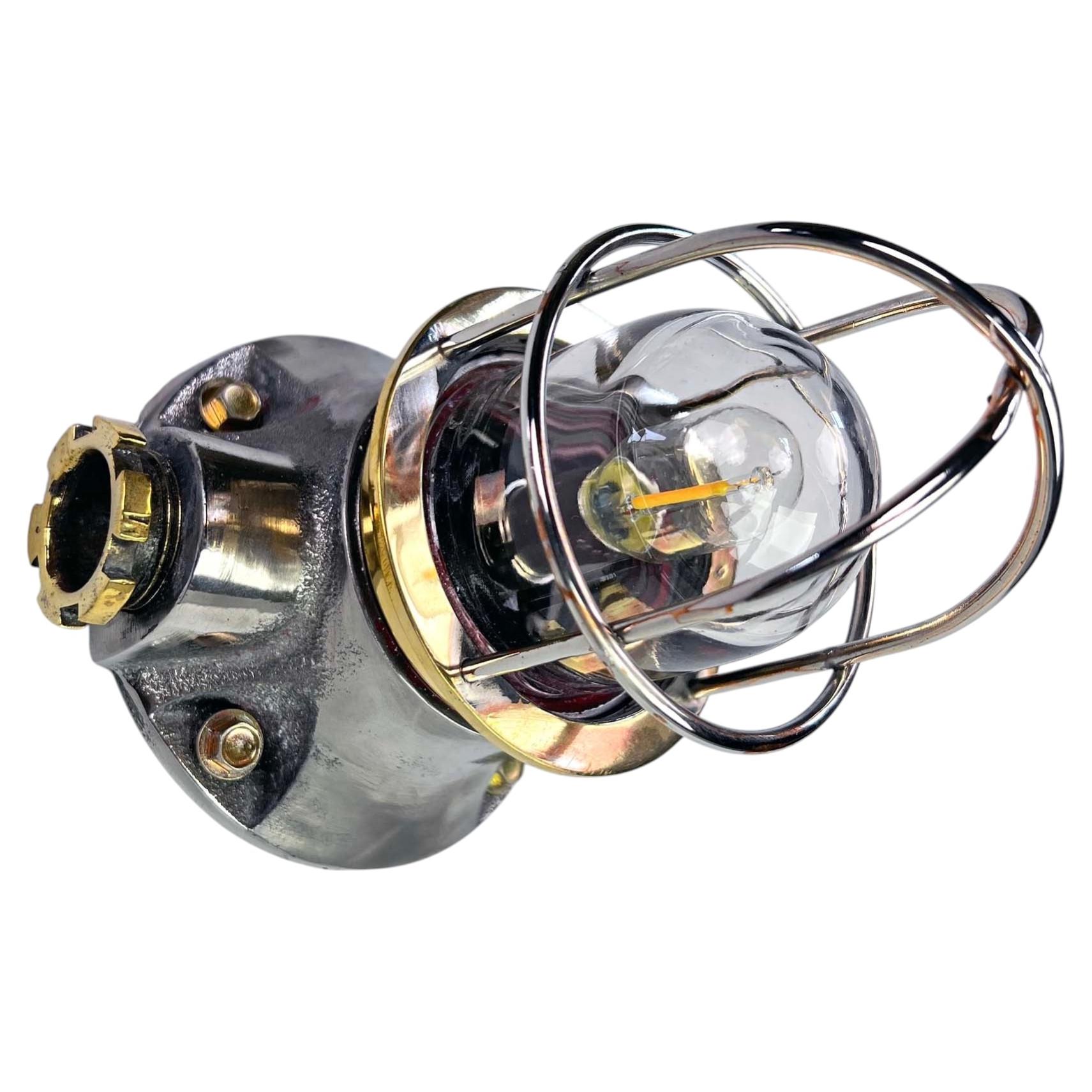Vintage Japanese Marine Passage Wall Light with Brass Cage and Glass Dome