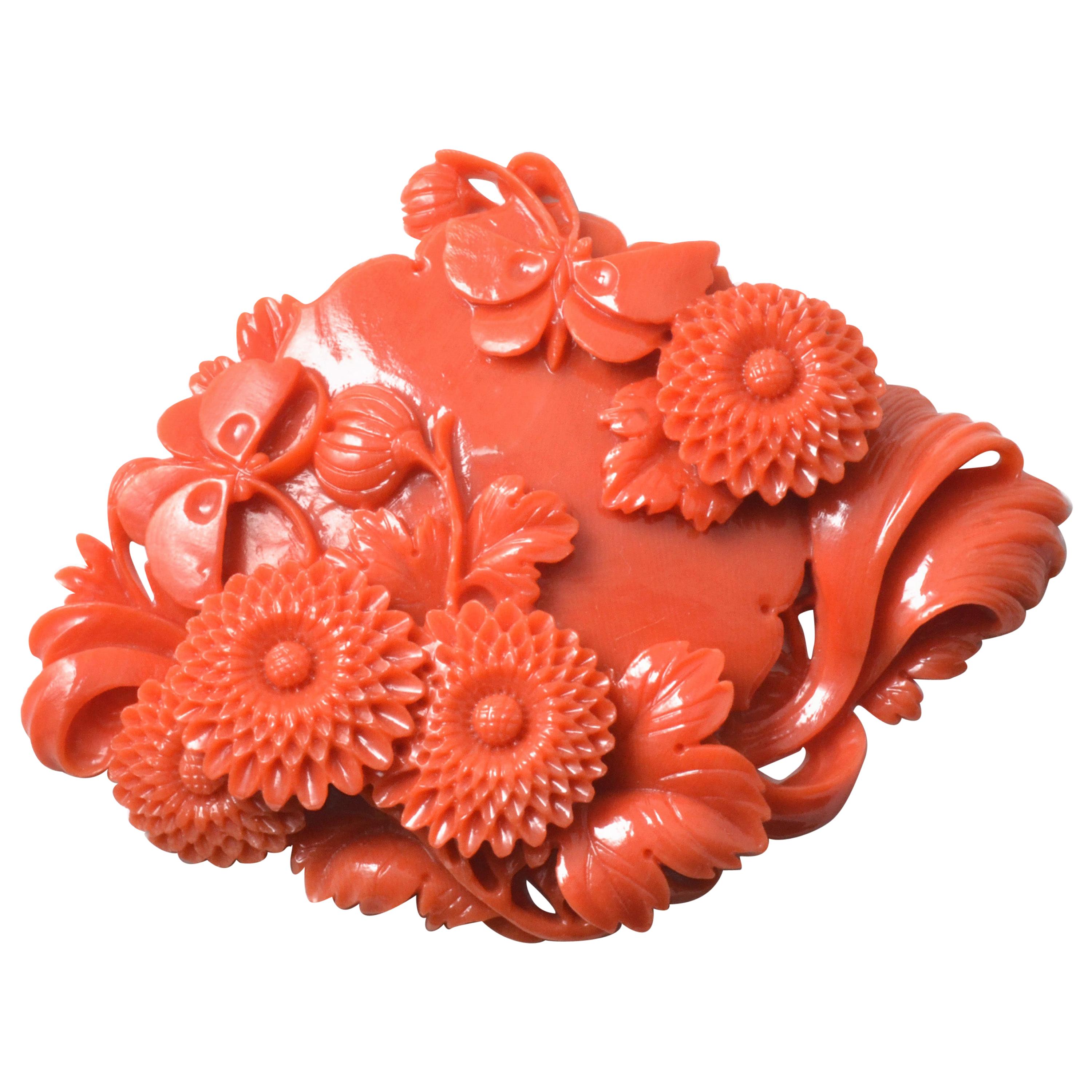 Vintage Japanese Momoiro Sango Carved Coral Plate Butterflies and Chrysanthemum For Sale