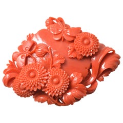 Retro Japanese Momoiro Sango Carved Coral Plate Butterflies and Chrysanthemum