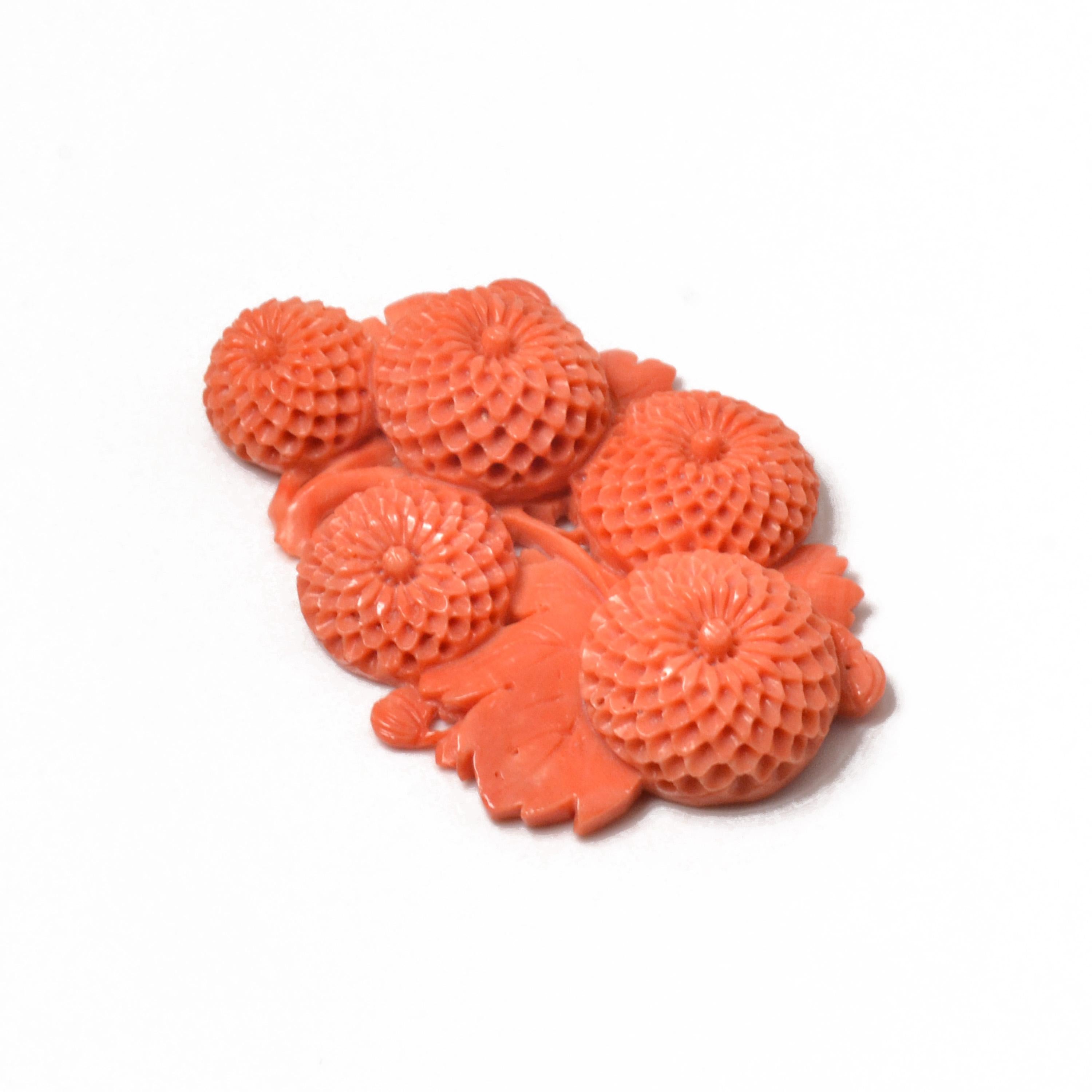 Mixed Cut Vintage Japanese Momoiro Sango Carved Coral Plate, Chrysanthemum For Sale