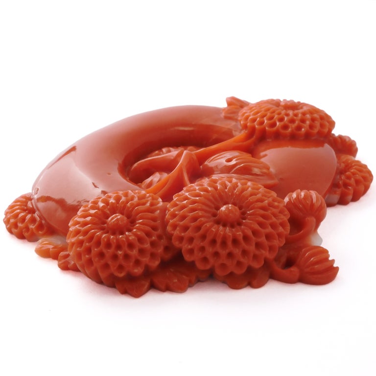 Vintage Japanese Momoiro Sango Carved Coral Plate, Chrysanthemum For ...