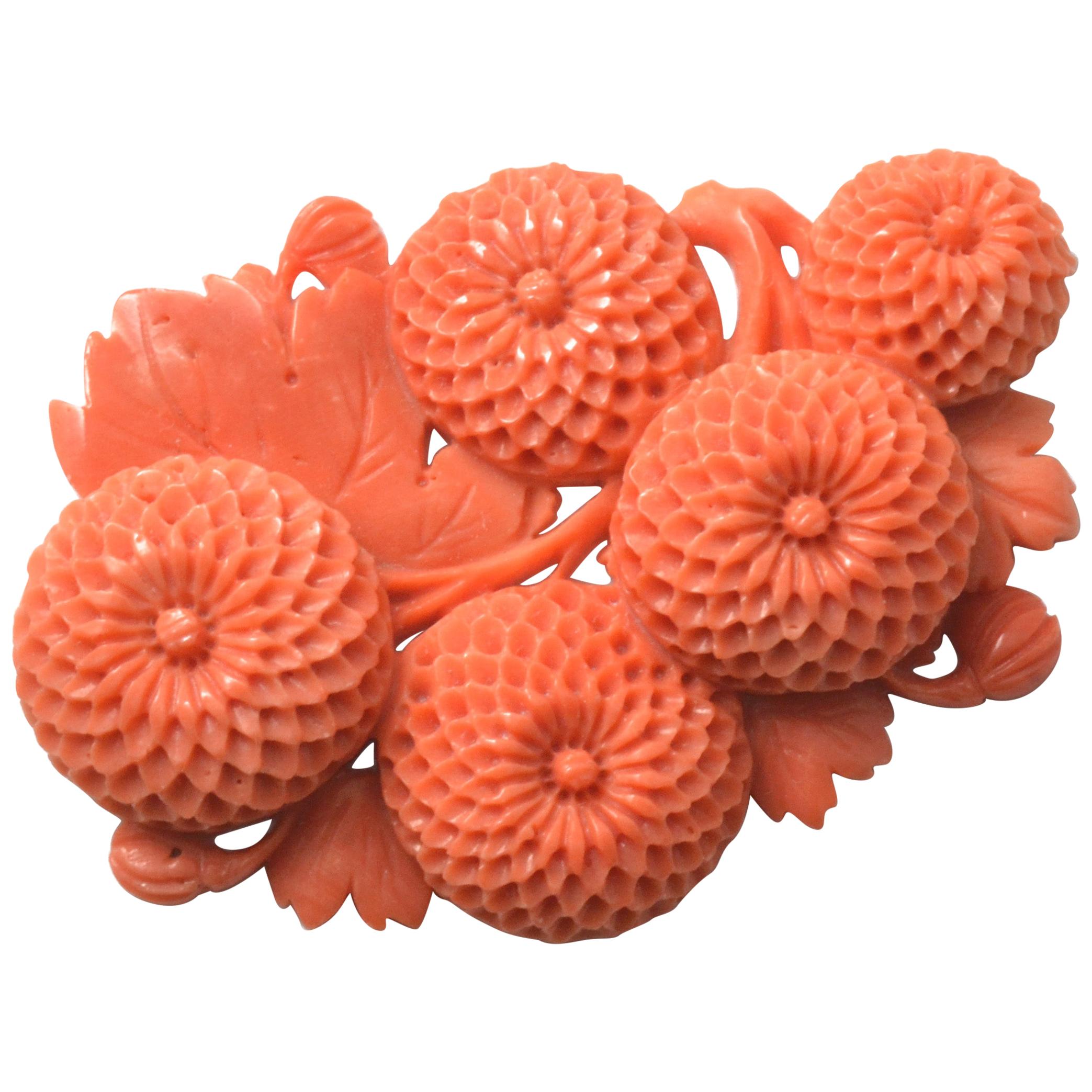 Vintage Japanese Momoiro Sango Carved Coral Plate, Chrysanthemum For Sale