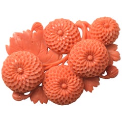 Vintage Japanese Momoiro Sango Carved Coral Plate, Chrysanthemum