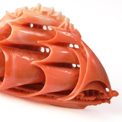 Vintage Japanese Momoiro Sango Carved Coral Plate, Sailing Ship