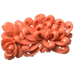 Retro Japanese Momoiro Sango Carved Plate Coral Chrysanthemum and Rose