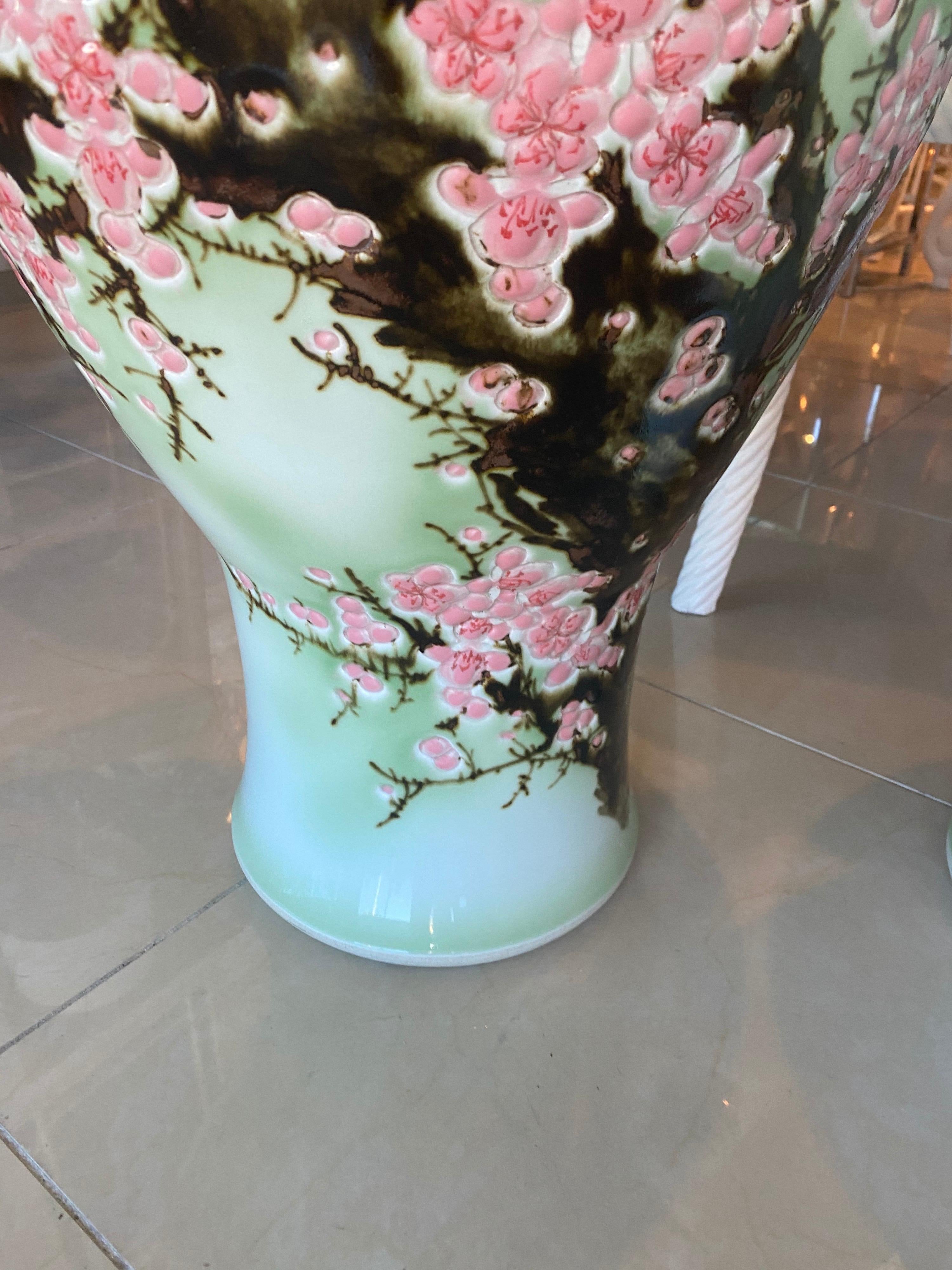 Vintage Pair Japanese Large Size Ginger Jars Celadon Green Pink Cherry Blossoms 3
