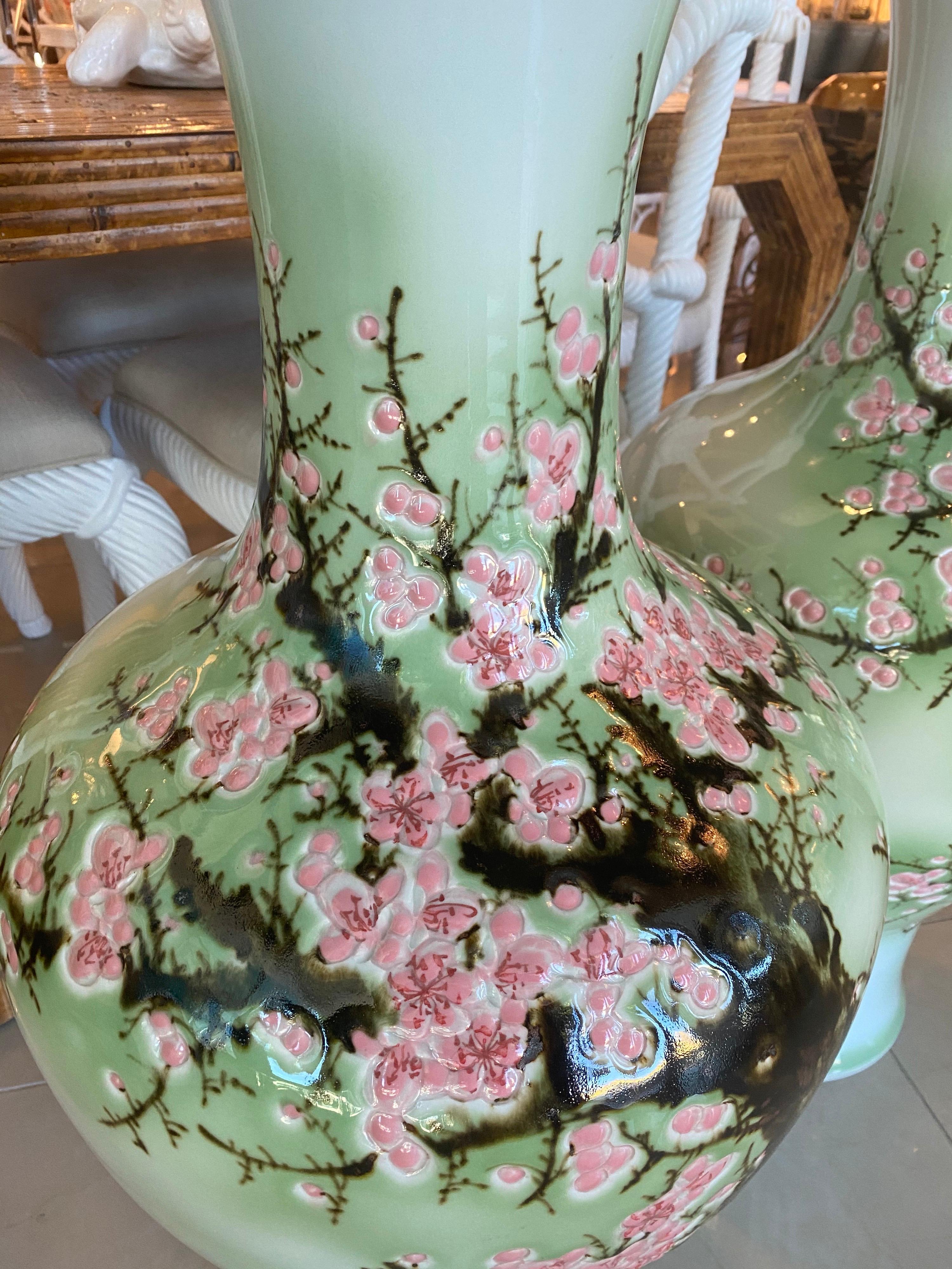 Vintage Pair Japanese Large Size Ginger Jars Celadon Green Pink Cherry Blossoms 5