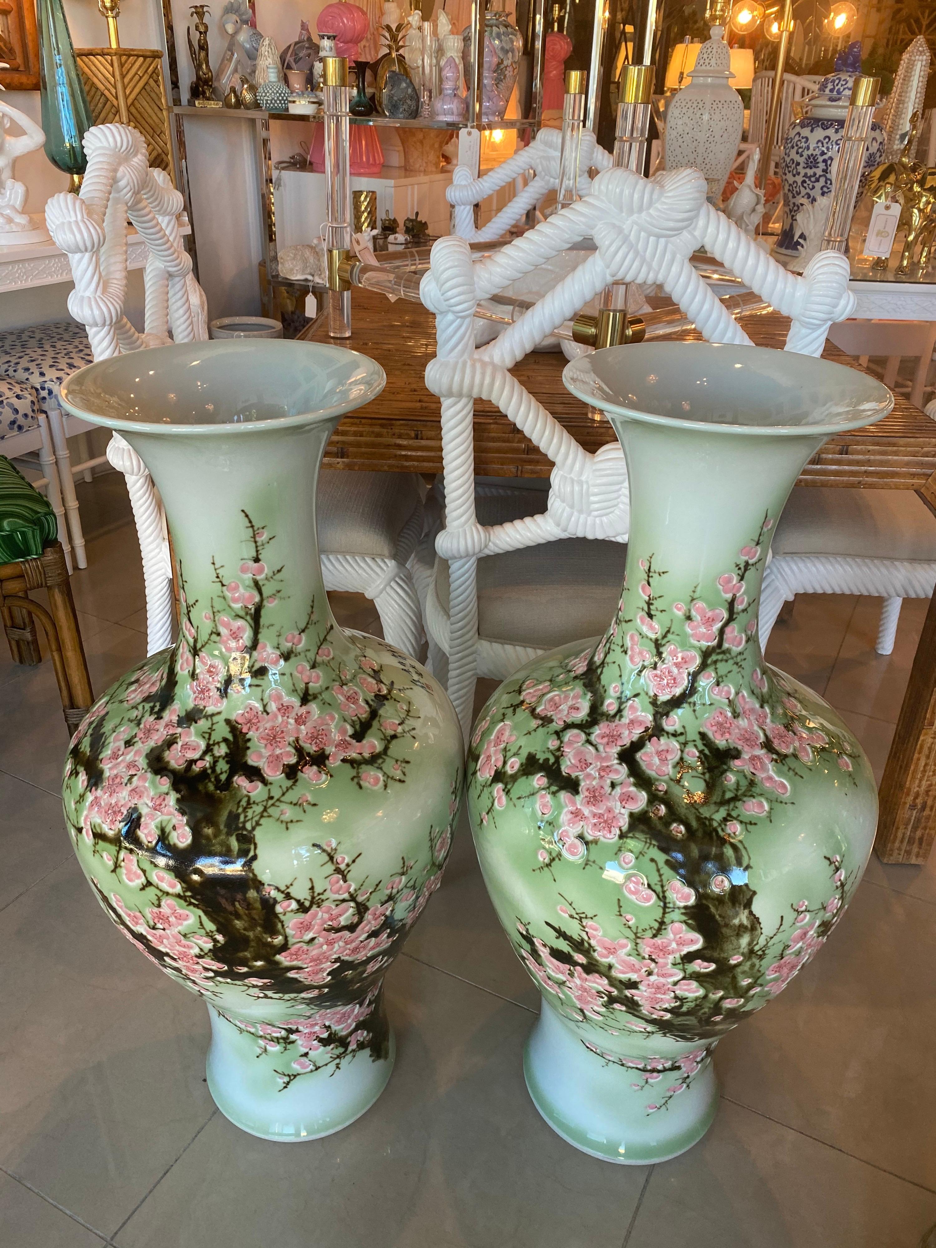 Vintage Pair Japanese Large Size Ginger Jars Celadon Green Pink Cherry Blossoms 7