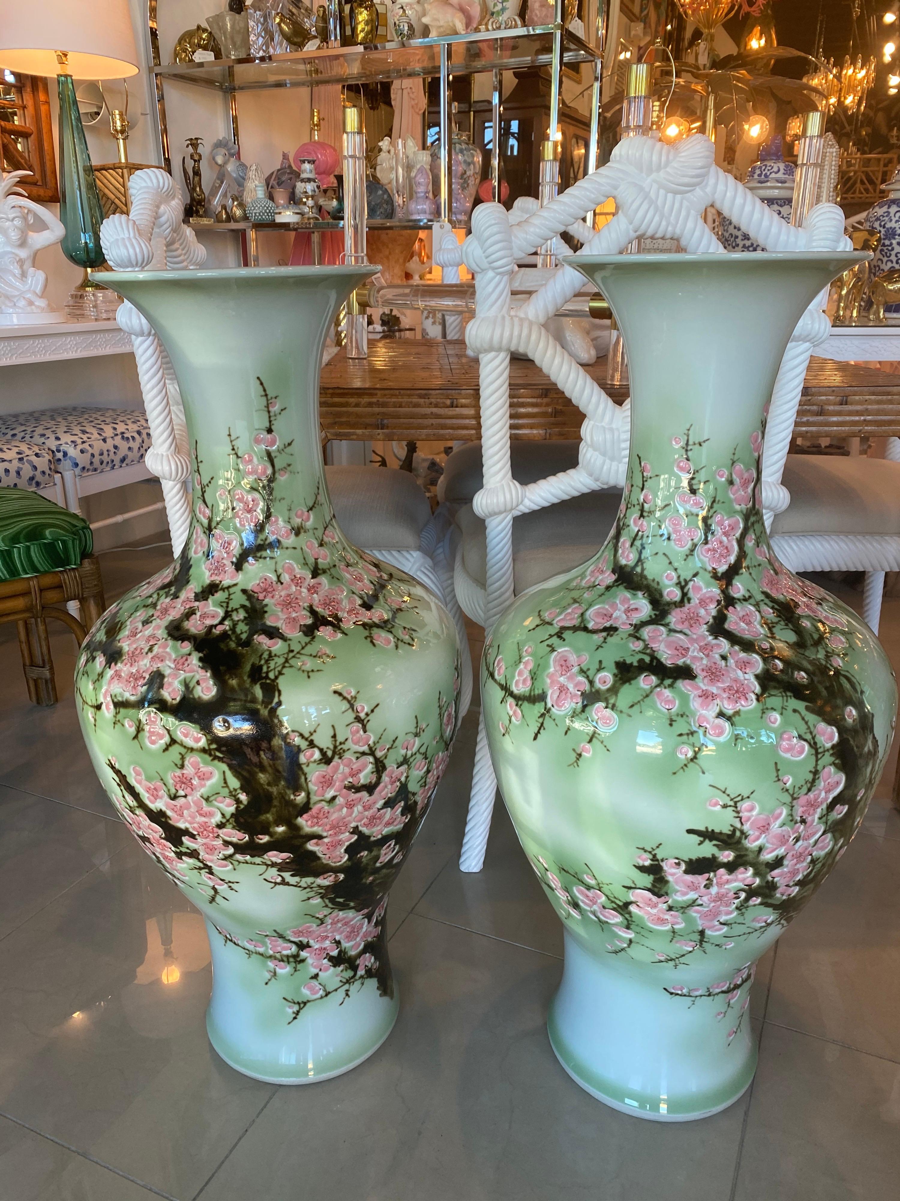 Lovely pair of 36” vintage Japanese ginger jar vases, Celadon green with pink cherry blossoms. Large and heavy! No chips or breaks. Top of opening 11” D.