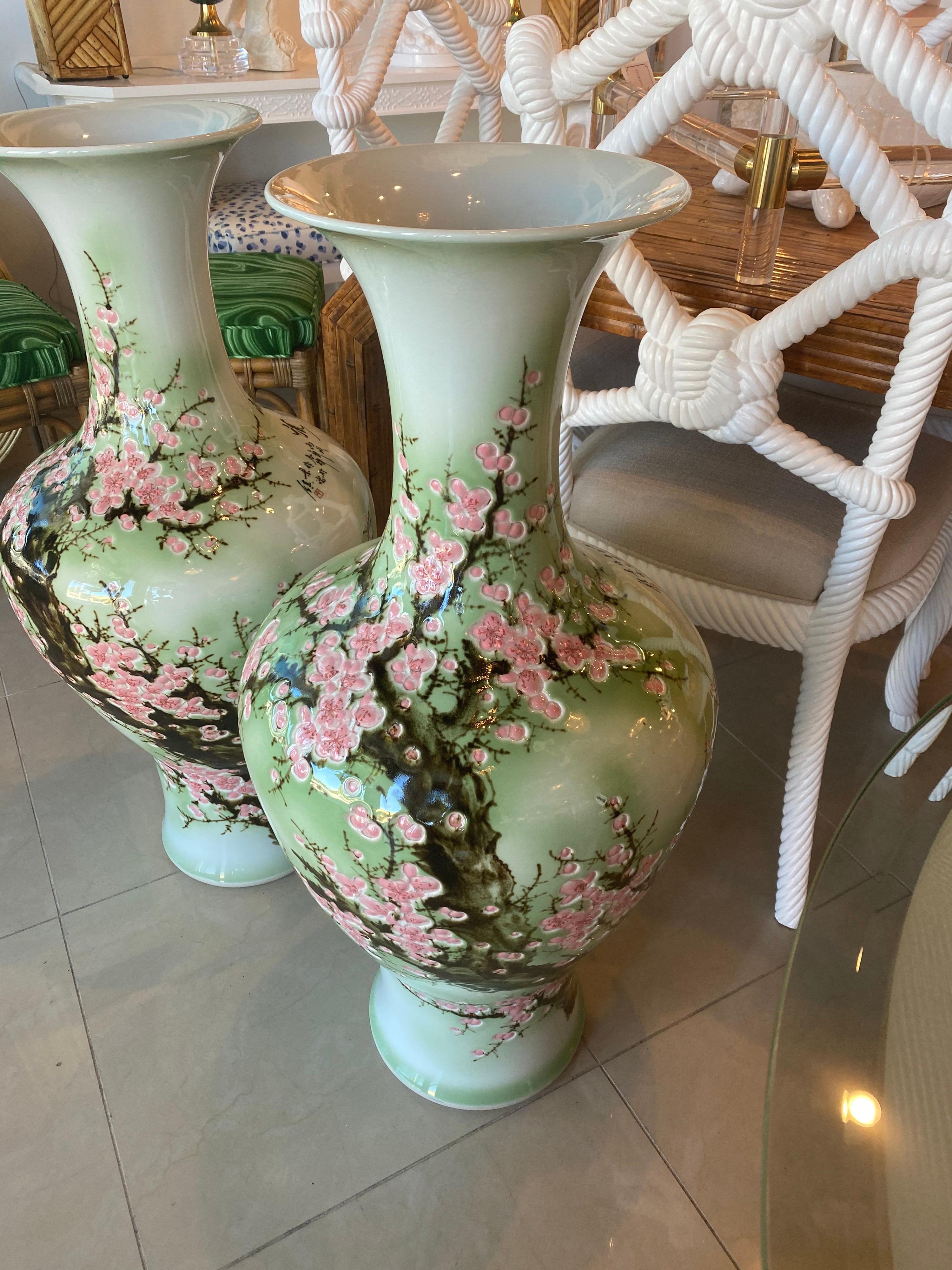Vintage Pair Japanese Large Size Ginger Jars Celadon Green Pink Cherry Blossoms In Good Condition In West Palm Beach, FL