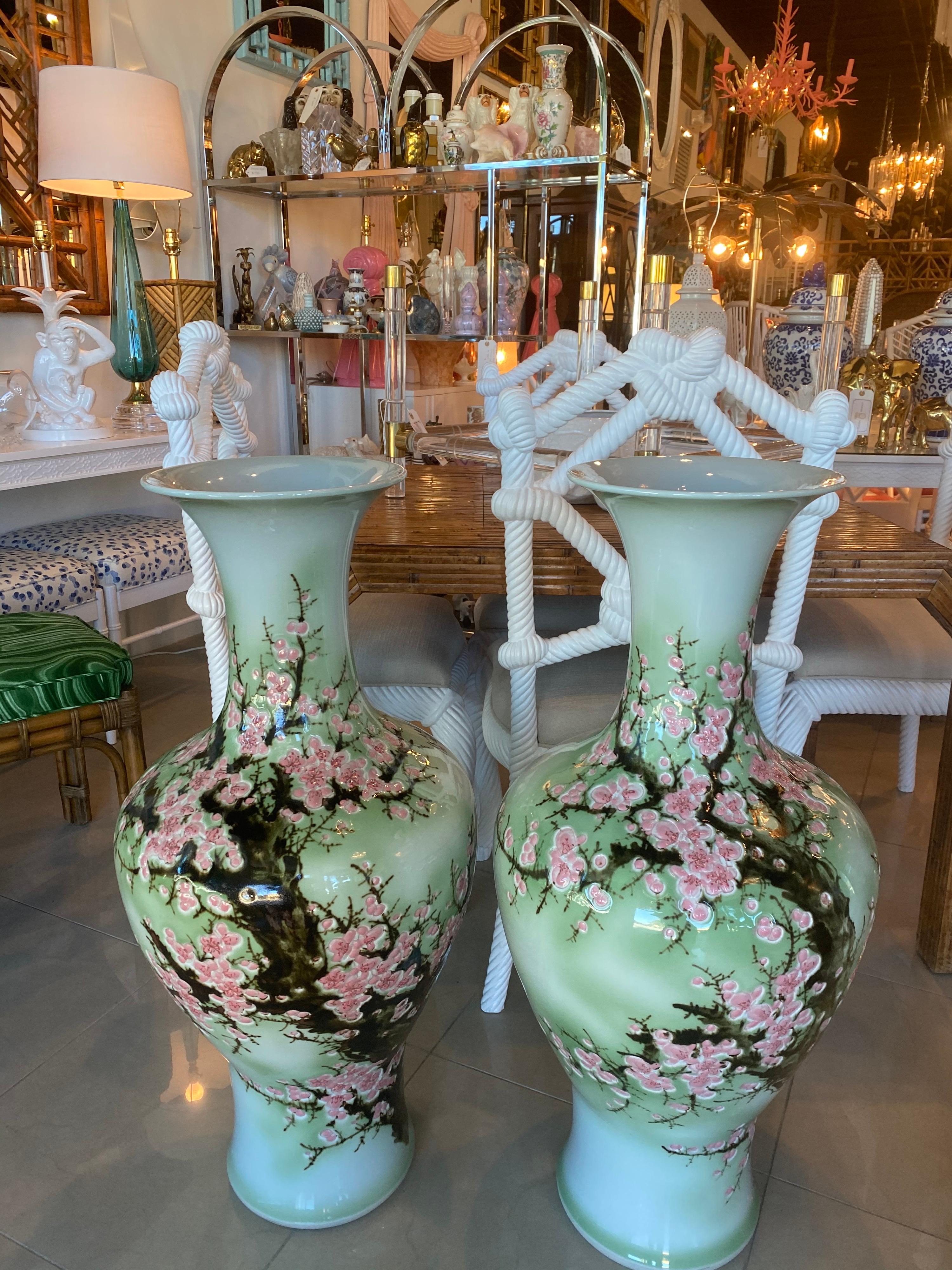 Mid-20th Century Vintage Pair Japanese Large Size Ginger Jars Celadon Green Pink Cherry Blossoms