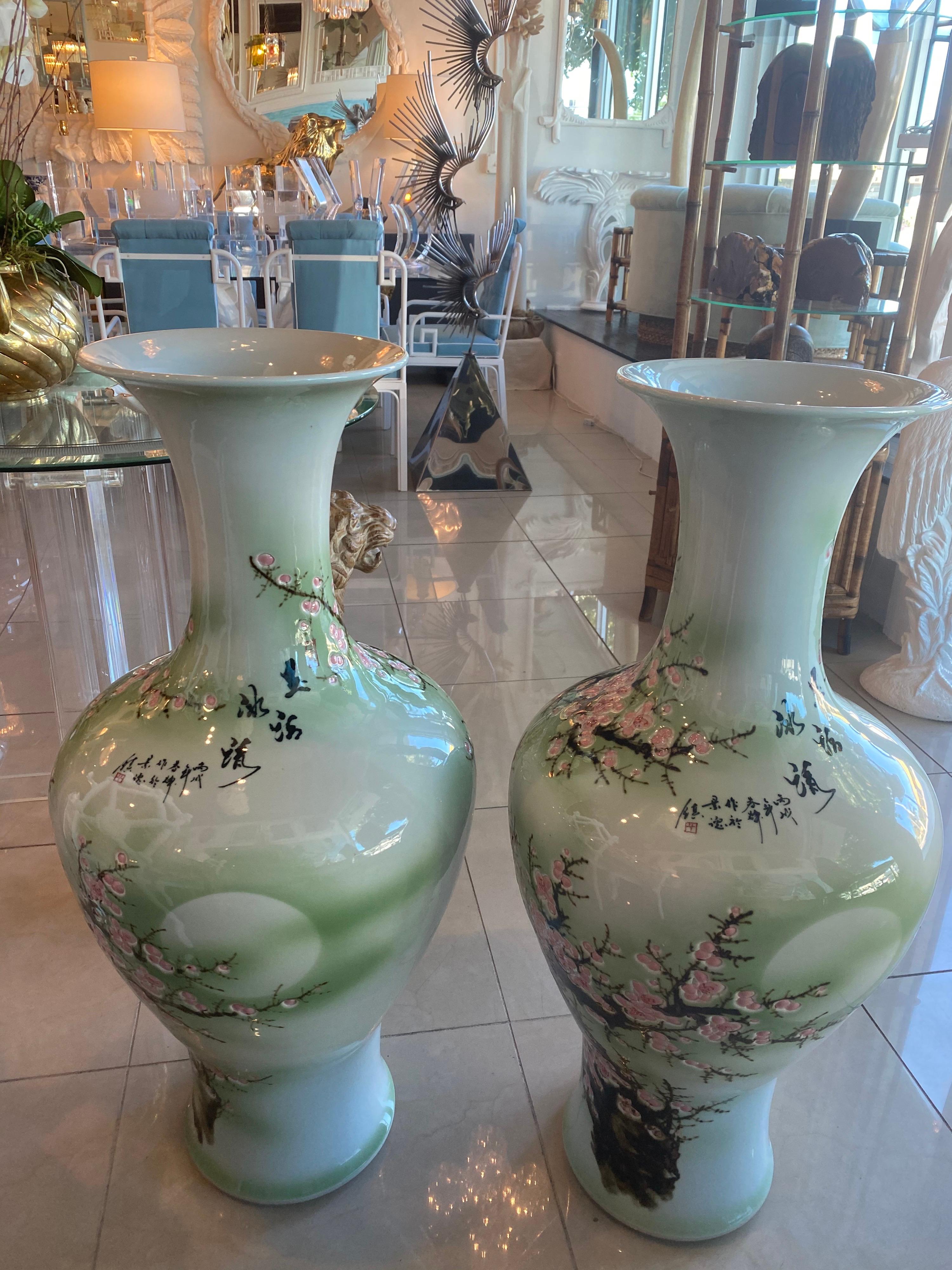 Ceramic Vintage Pair Japanese Large Size Ginger Jars Celadon Green Pink Cherry Blossoms
