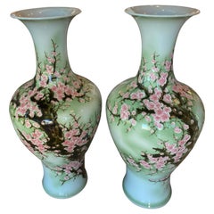 Vintage Pair Japanese Large Size Ginger Jars Celadon Green Pink Cherry Blossoms