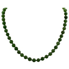 Vintage Japanese Natural Jade Bead Necklace with 14 Karat Gold Clasp