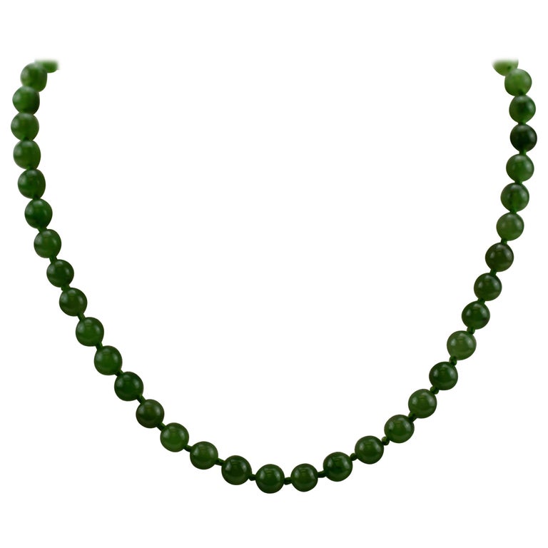 Vintage Japanese Natural Jade Bead Necklace with 14 Karat Gold Clasp at