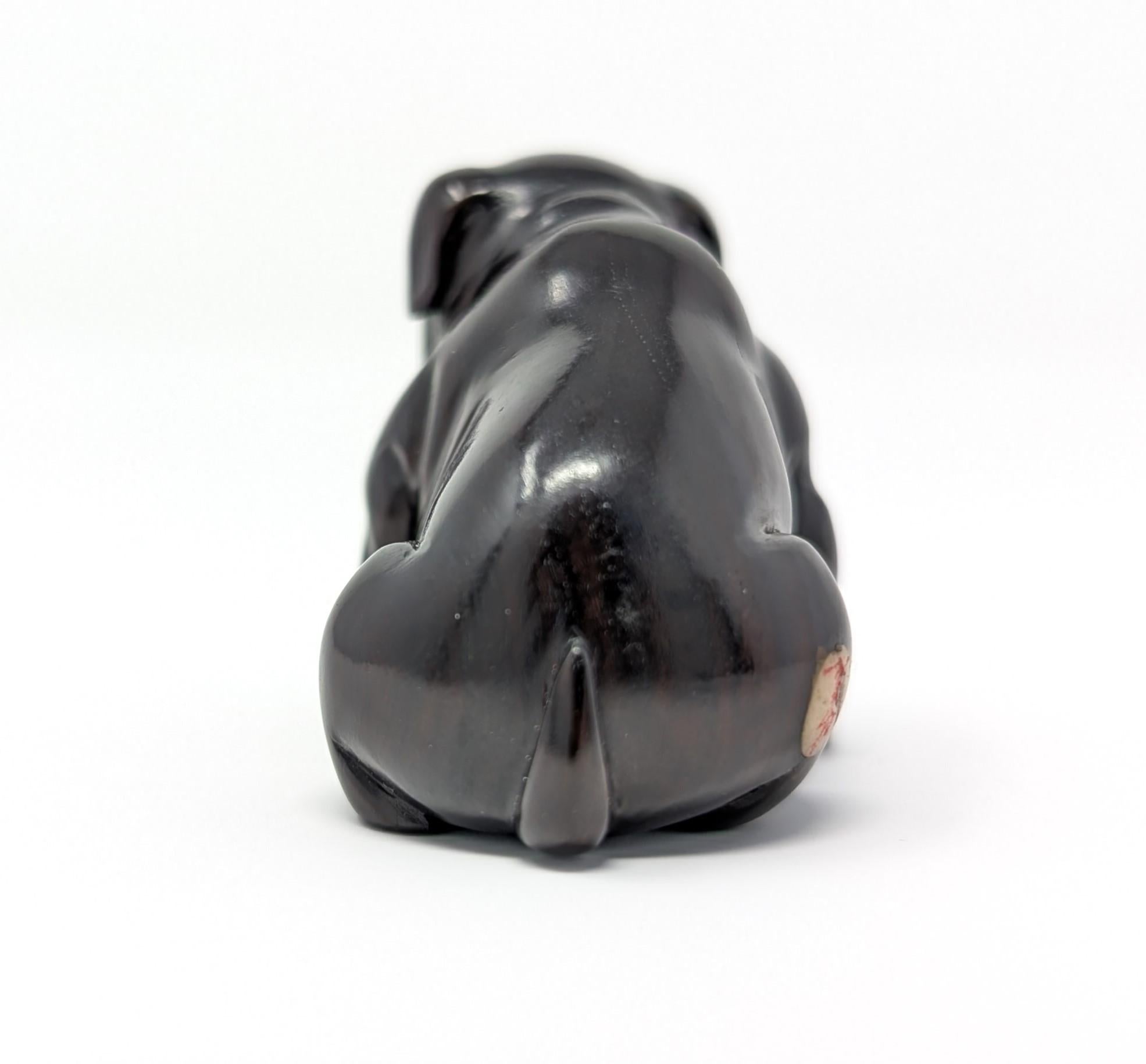 Hand-Carved Vintage Japanese Netsuke Figure Bulldog Japan Detailed Carved Wood Dog Figurine