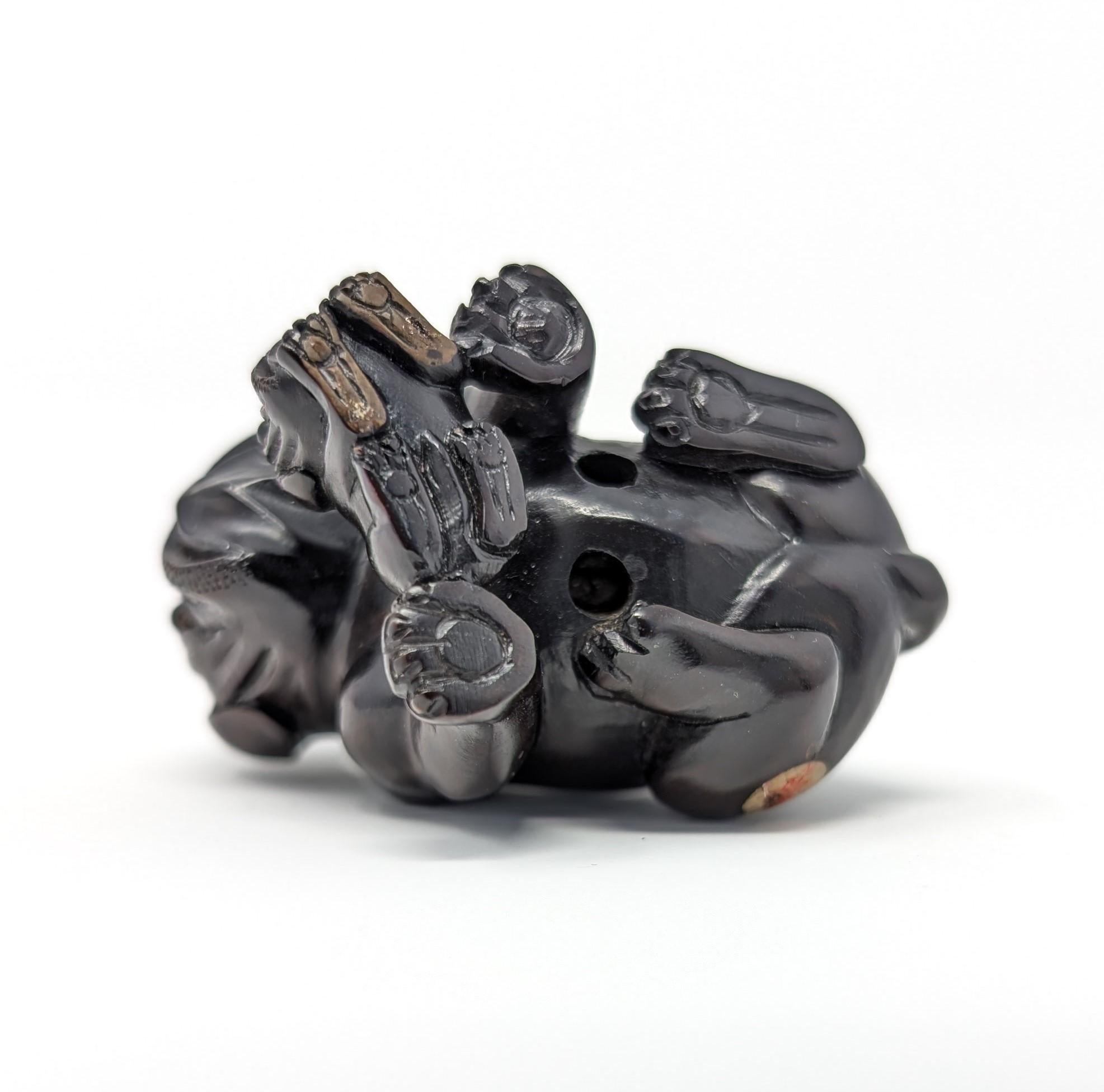 20th Century Vintage Japanese Netsuke Figure Bulldog Japan Detailed Carved Wood Dog Figurine