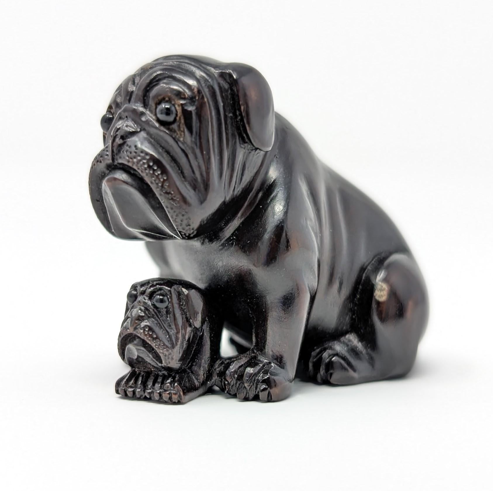 Vintage Japanese Netsuke Figure Bulldog Japan Detailed Carved Wood Dog Figurine 1