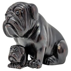 Vintage Japanese Netsuke Figure Bulldog Japan Detailed Carved Wood Dog Figurine