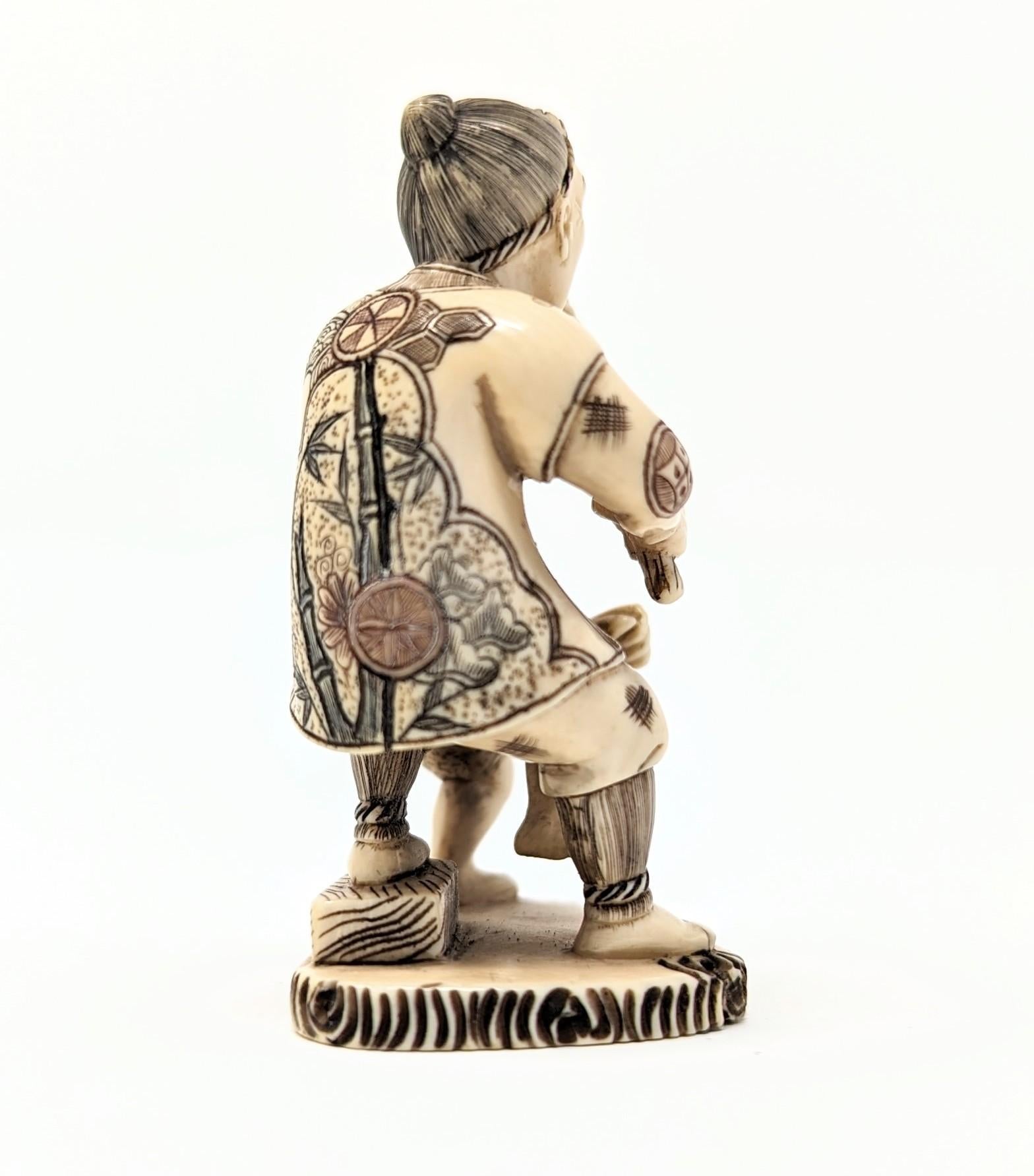 Hand-Carved Vintage Japanese Netsuke Figure Oni Demon Japan Detailed Carved Bone For Sale
