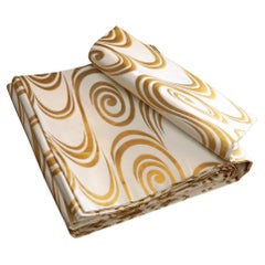 Vintage Japanese Obi, abstract wave pattern gold on white