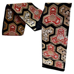 Vintage Japanese Obi--Black Silk with Brocade Reserves
