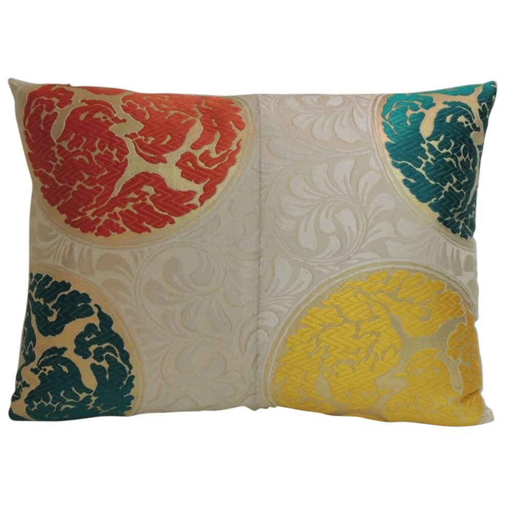 Pair of Vintage Moss Green Bamboo Pattern Silk Obi Decorative Pillows