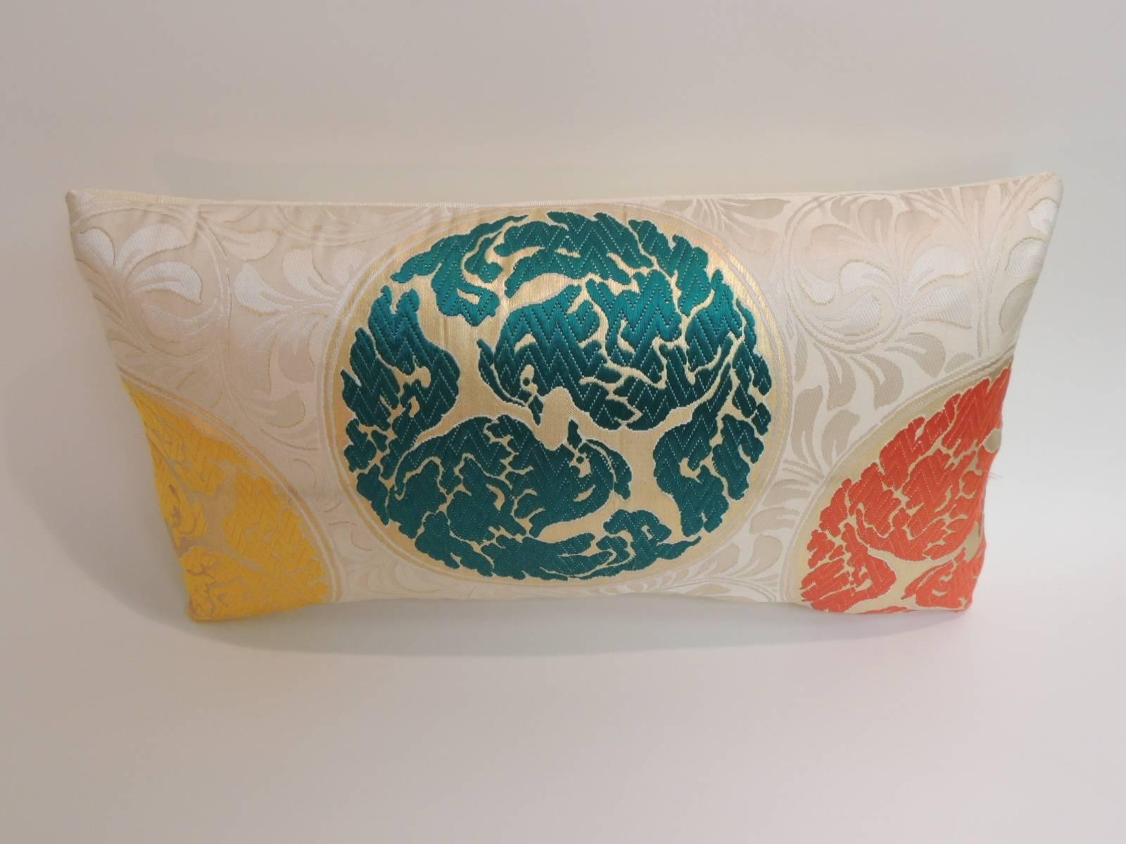 Japonisme Vintage Orange and Green  Silk Medallions Lumbar Obi Decorative Pillow 