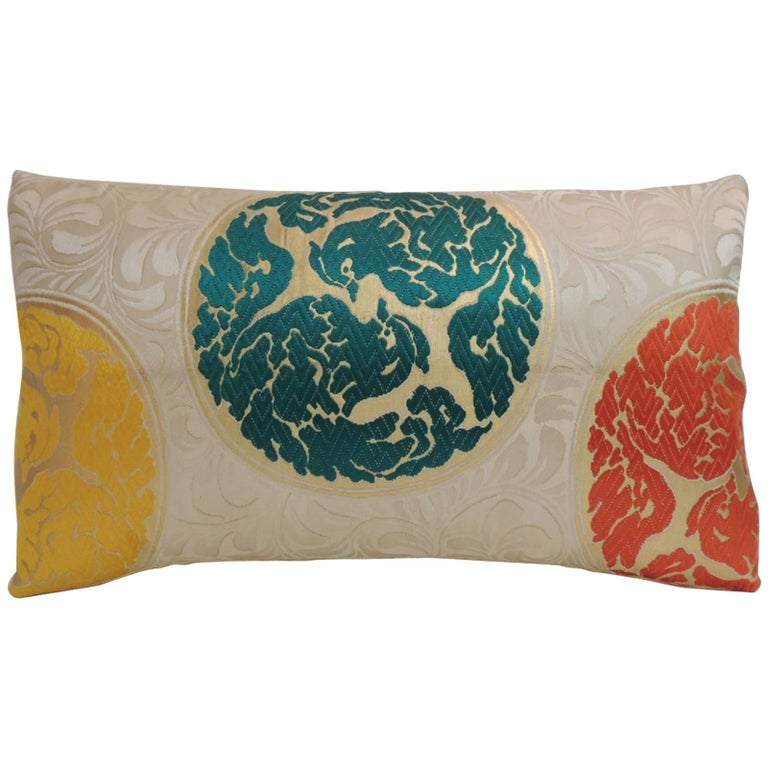 Vintage Japanese Orange Silk Circle Medallions Lumbar Decorative Pillow