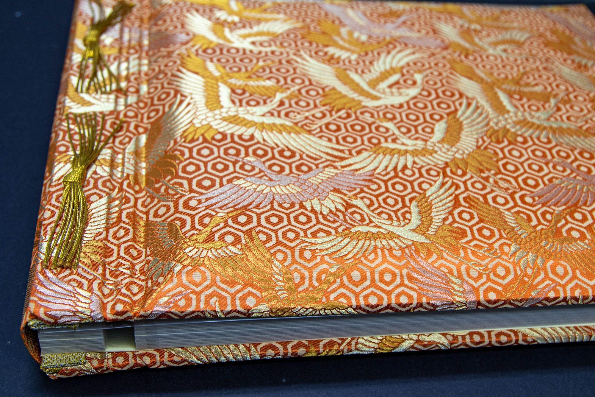 Vintage Japanese Orange Silk Embroidery Vintage Wedding Photo Album in Box For Sale 4