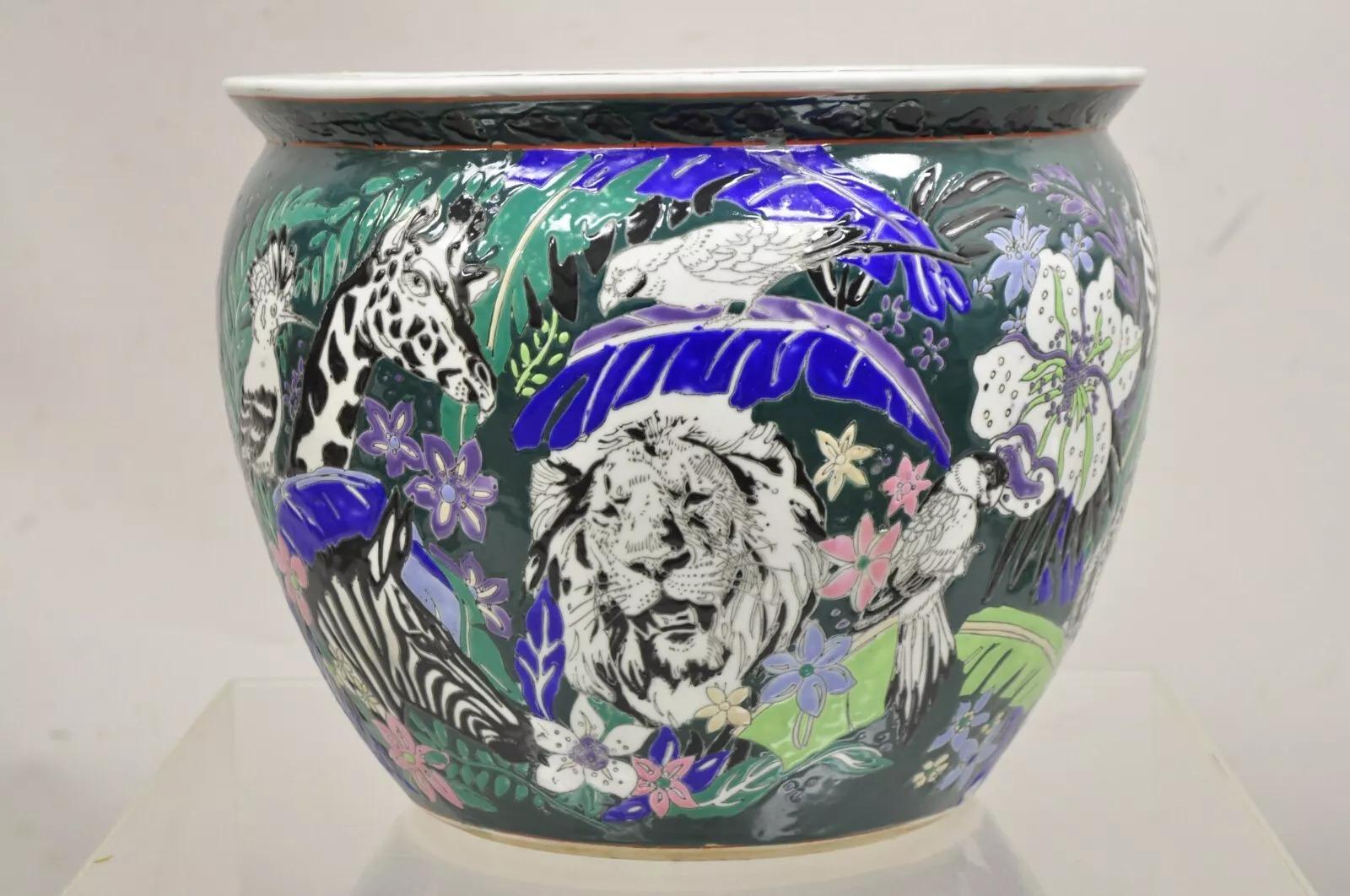 Vintage Japanese Porcelain African Wild Animal Jardiniere Cachepot Planter Pot. Circa Late 20th Century. Measurements: 10
