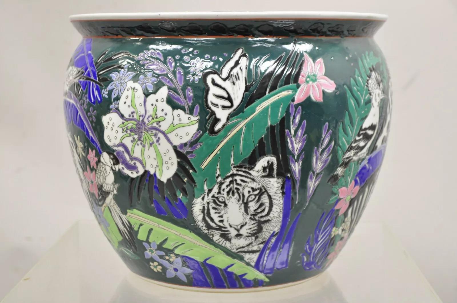 Vintage Japanese Porcelain African Wild Animal Jardiniere Cachepot Planter Pot For Sale 2